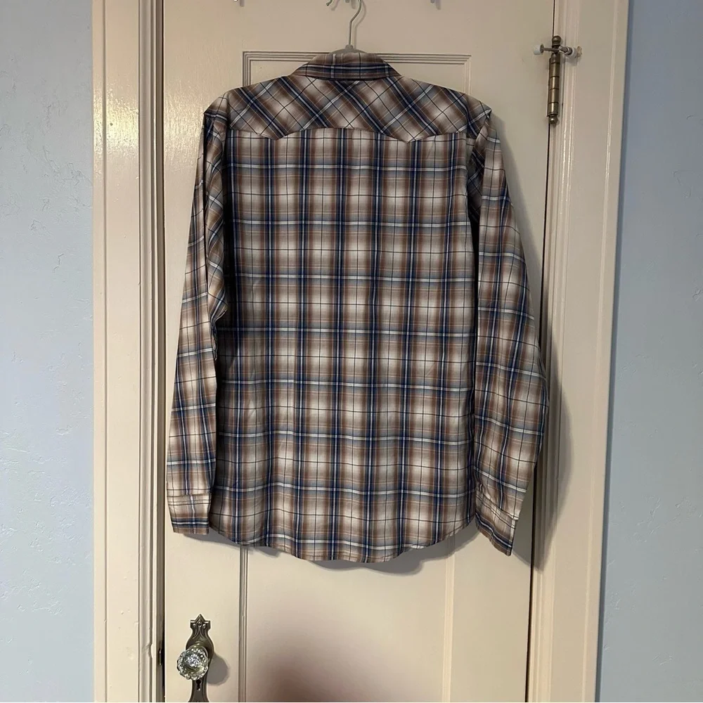 Wrangler Shirt Tan Blue Pearl Snap Rodeo Western Sawtooth Pockets Cowboy Sz XXL